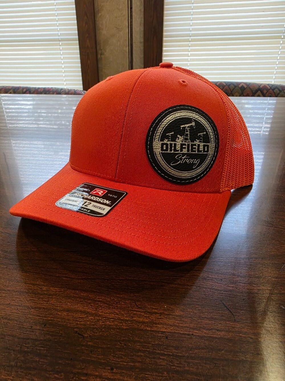 Richardson Orange Adjustable Mesh Back Trucker Hat "Oilfield Strong" One Size